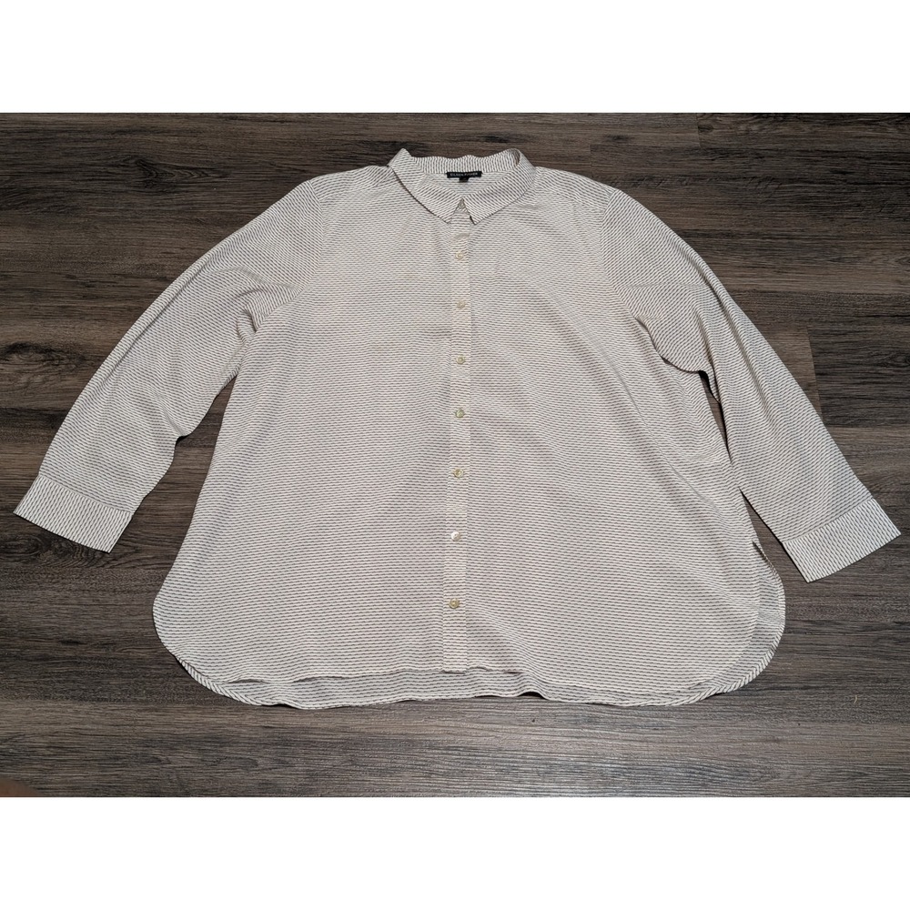 EILEEN FISHER Textured Stripe Button Up Shirt XL Beige Black Long Sleeve